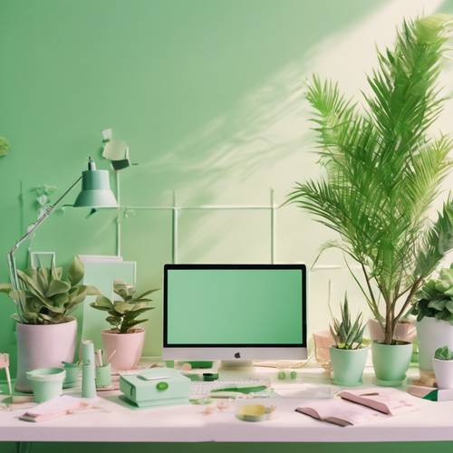 Un bureau de style kawaii avec de la papeterie vert pastel et des plantes en pot.