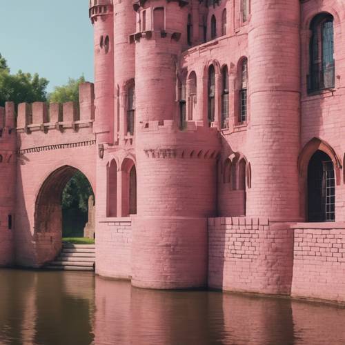 A castle made of pink bricks surrounded by a moat.