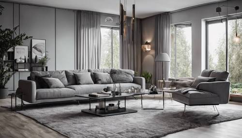 Yalnızca gri keten mobilya ve mobilyaların farklı tonlarıyla süslenmiş geniş ve modern bir oturma odası.