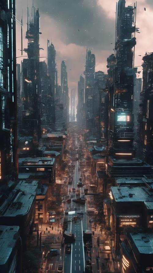 Escena de ciudad distópica imaginada en el estilo negro Y2K con edificios elegantes y futuristas.