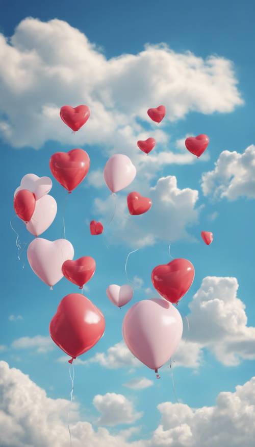 A cute illustration of various heart-shaped balloons floating against a beautiful blue sky, with fluffy white clouds providing contrast. Tapetai [96d865550bf042e395e1]