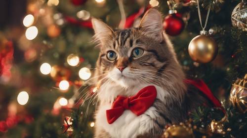 Seekor kucing anime dengan pita merah, sambil bercanda mengais-ngais hiasan gantung di pohon Natal yang dihias dengan indah.
