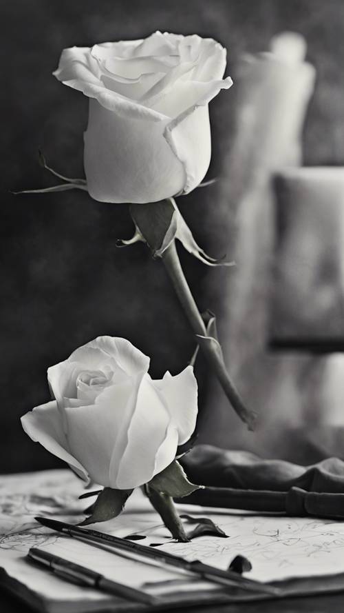 一位艺术家的素描本上，有一朵白玫瑰放在一幅炭笔画的静物研究中。
