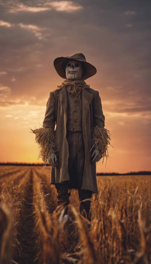 A lone scarecrow in a desolate field, a hauntingly beautiful sunset in the background.