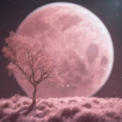 Aura merah muda terang membara dengan lembut di sekitar bulan purnama.