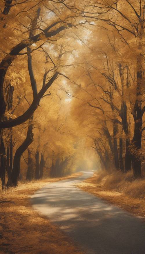 Sebuah lukisan cat minyak tentang jalan pedesaan yang berkelok-kelok di antara pepohonan berwarna keemasan yang menggugurkan daunnya.