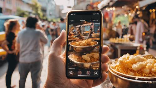 Ein iPhone 11 Pro Max in Gold, das ein Foto des scharfen Streetfoods macht