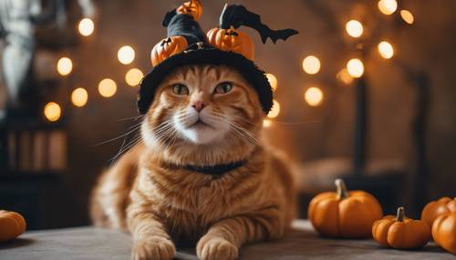 Seekor kucing kucing oranye lucu mengenakan topi labu tersenyum duduk di ruangan yang dihiasi kerangka untuk Halloween