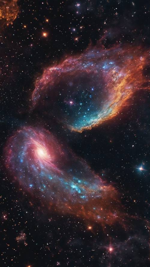 Pemandangan galaksi hitam dengan ledakan supernova masif di latar belakangnya, menyebabkan tampilan warna yang indah.
