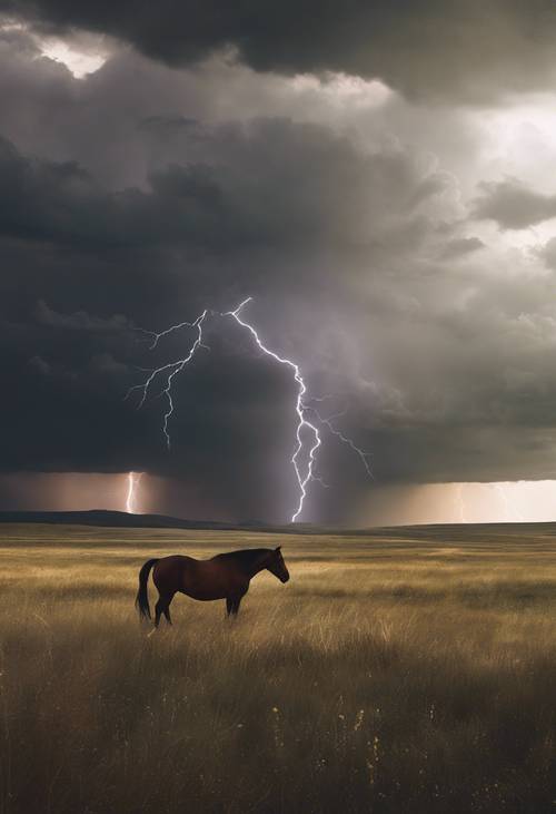 一片宁静的草原，一匹孤马的轮廓，暴风雨的天空下，远处闪电劈下来。