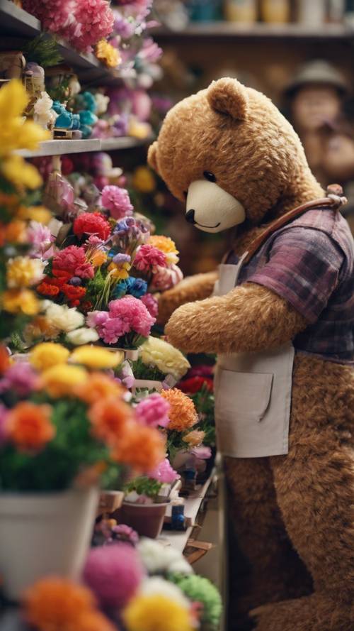 一位泰迪熊花販在一家微型花店裡照料各種色彩繽紛的玩具花。