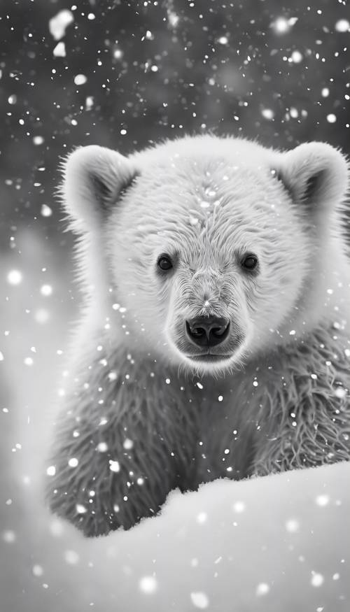 A white baby bear nestled in the snow, its black eyes sparkling with curiosity in grayscale.