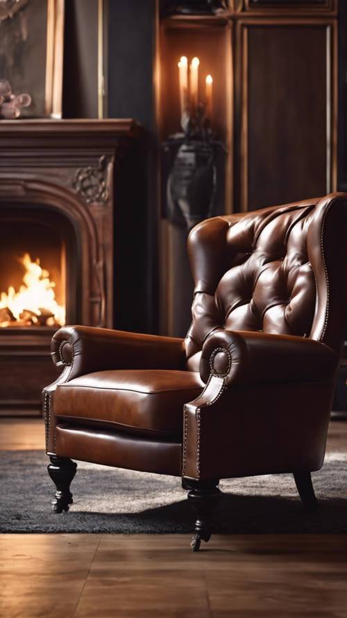 A luxurious mahogany leather armchair next to a crackling fireplace.