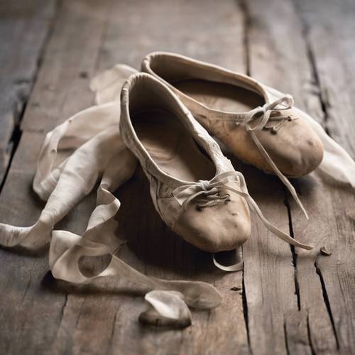 一双饱经风霜的芭蕾舞鞋被丢弃在木制舞台上，覆盖着灰尘和阴影。