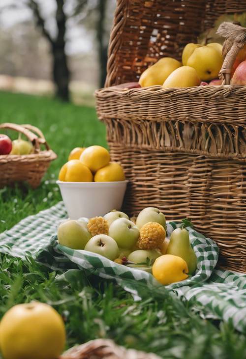 Eine Picknickszene mit einem gelb karierten Tuch auf grünem Gras und einem Obstkorb