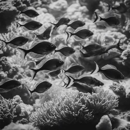 Um cardume de peixes exóticos pretos e brancos nadando em torno de um exuberante jardim subaquático de corais.
