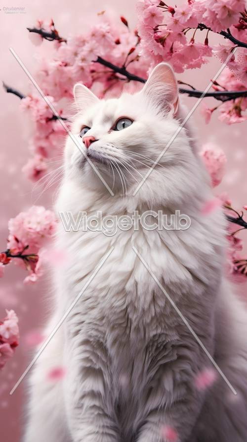 Lindo gato branco com flores de cerejeira