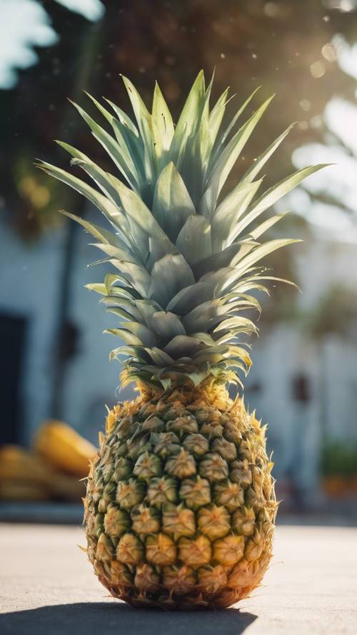 An adorable pineapple sitting under a sunny sky.