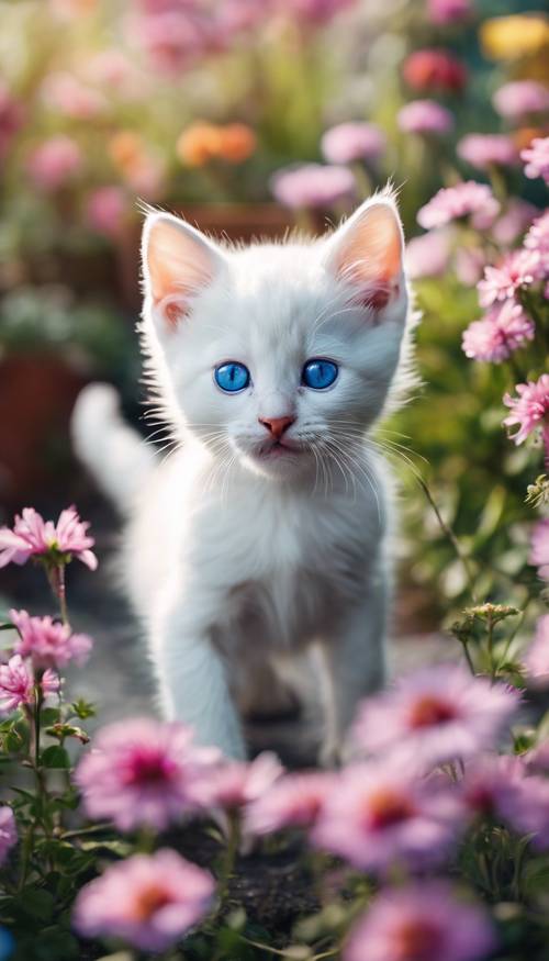밝은 파란 눈을 가진 장난기 많은 흰 고양이가 형형색색의 꽃이 가득한 정원에서 장난치며 놀고 있습니다.