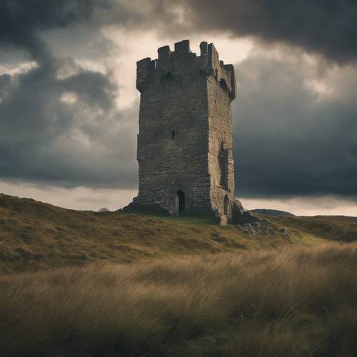 Eine faszinierende keltische Landschaft mit einem einzelnen Turm, der sich majestätisch vor dem bleiernen Himmel abhebt.
