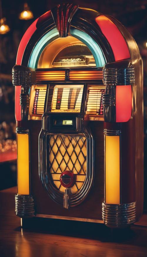 Старый школьный музыкальный автомат играет в тускло освещенном ретро-баре.