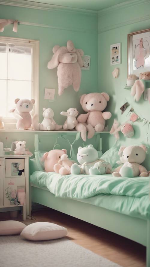 A mint green, kawaii-themed bedroom with plush stuffed animals on the bed.