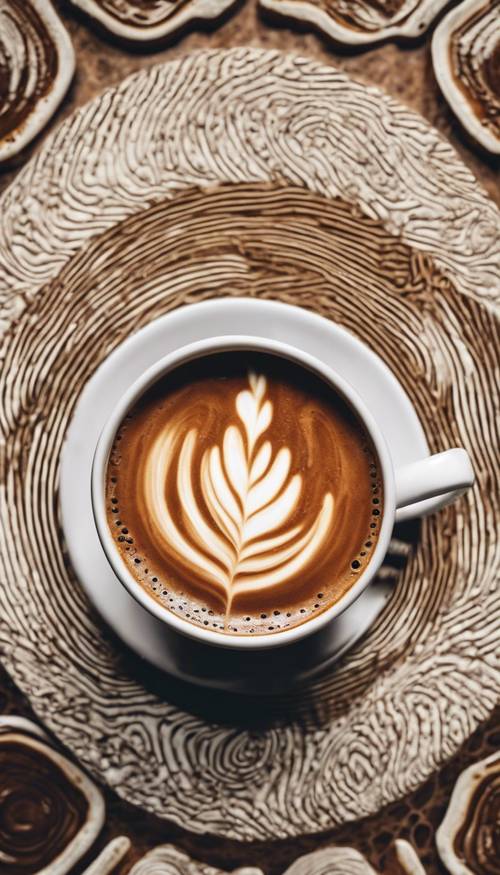 从上往下看，陶瓷杯中冲泡的咖啡呈美丽的漩涡状。