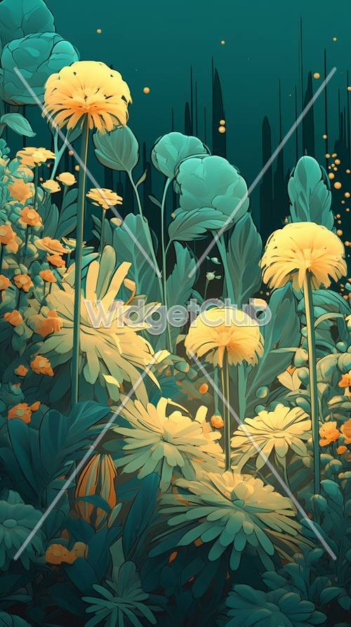 青と黄色の花でいっぱいの魔法の庭壁紙
