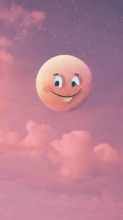 A happy smiling moon in a candy colored pastel sky.