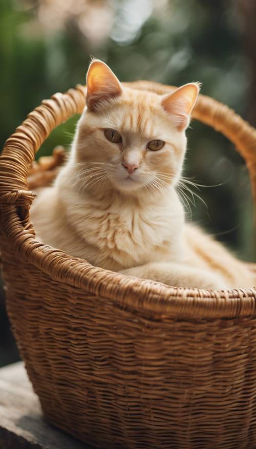 Yemyeşil bir kahverengi hasır sepete yuvalanmış soluk sarı bir kedi.