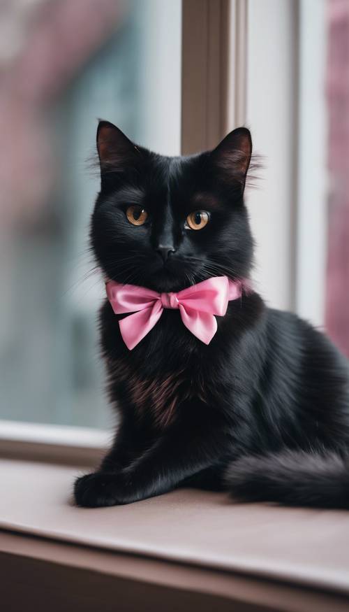 Zbliżenie uroczego, puszystego czarnego kota z efektowną różową kokardką na szyi, siedzącego i z ciekawością wpatrującego się w okno.