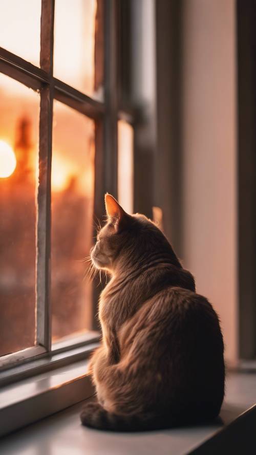 قطة أنيقة ذات شعر قصير تجلس على حافة النافذة، وتتأمل الألوان النارية لغروب الشمس.