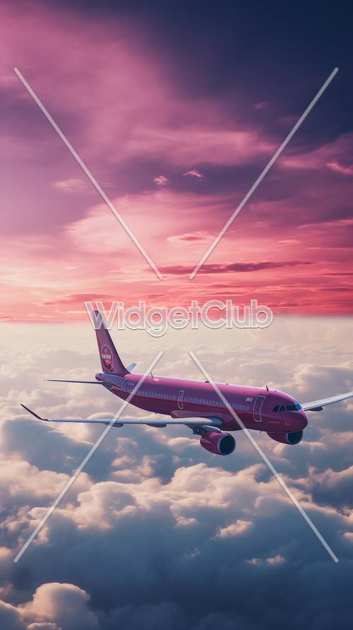 Розовое небо и полет самолета