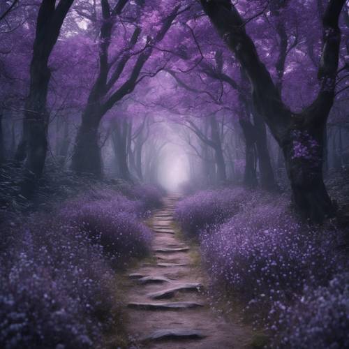 Мистическая лесная тропа, залитая лунным светом, с фиолетовыми цветами и серыми деревьями.