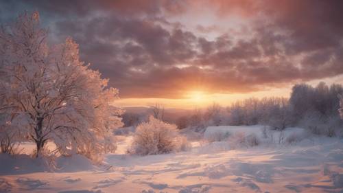 A picturesque sunset against a snowy, winter landscape.