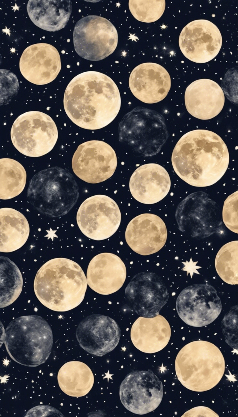 Create a dark, atmospheric seamless pattern of full moons and stars shining brightly against a midnight sky. Tapeta[a1384d4634e6484e934a]