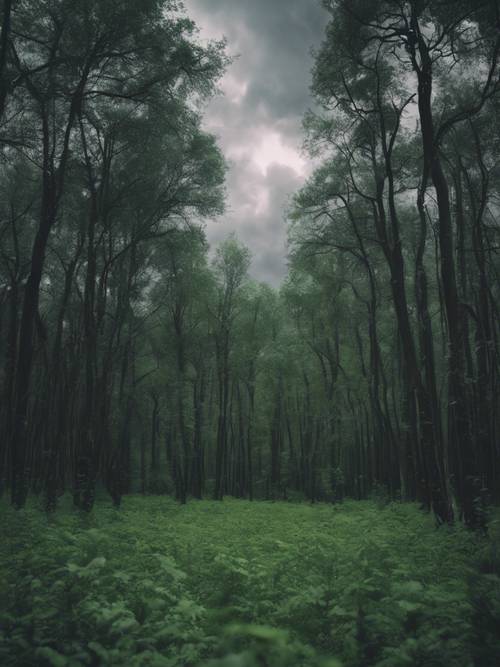 غابة خضراء داكنة مسكونة تحت السحب العاصفة.