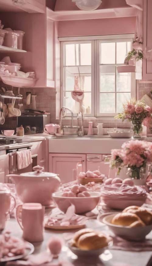 A bustling kitchen scene in soft pink tones, preparing for Thanksgiving.