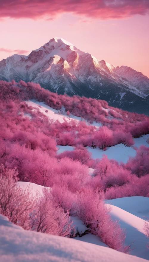 Um encantador cenário de pôr do sol rosa atrás de uma cordilheira coberta de neve.