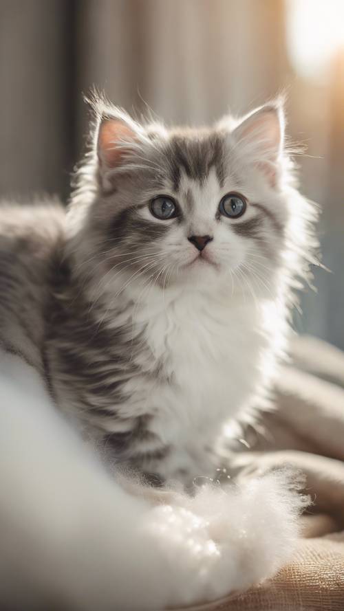 A grey and white kitten with large round eyes, sitting on a fluffy pillow on a sunny afternoon.