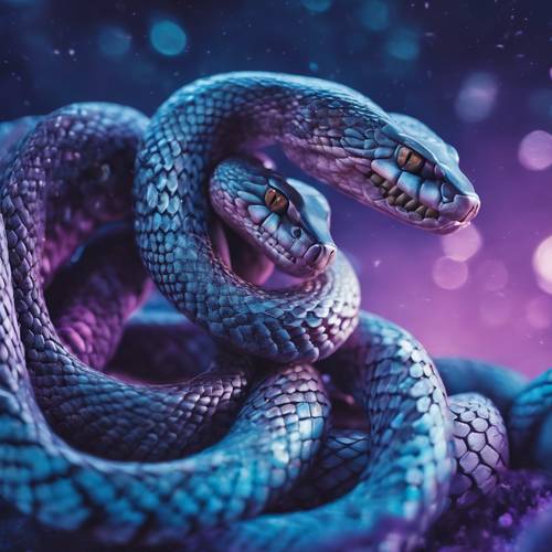 A pair of intertwined snakes, their bodies a blend of cool blues and purples, against a moonlit sky.