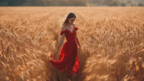 A young girl in a fiery red dress dancing in a golden wheat field.
