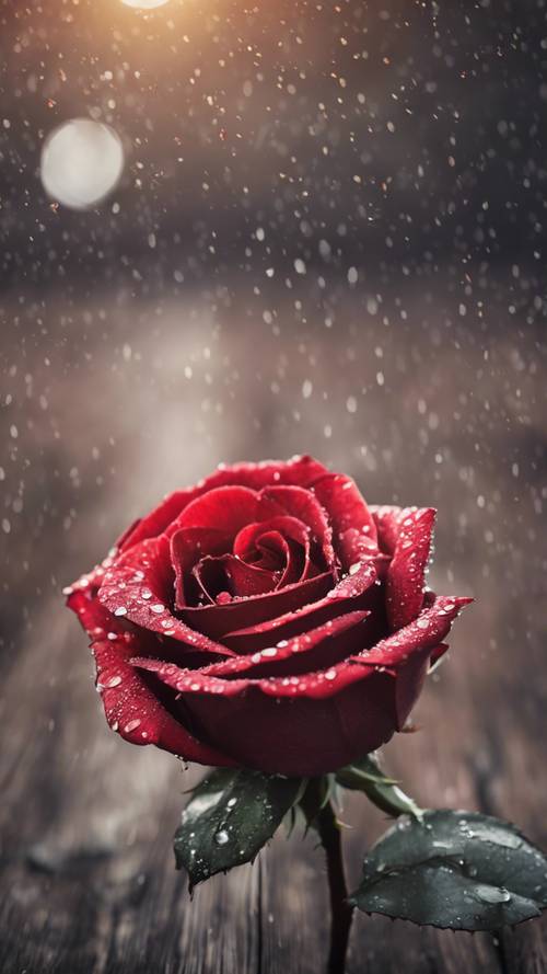 一朵红玫瑰，花瓣上沾满露珠，放置在陈旧的木质表面上。