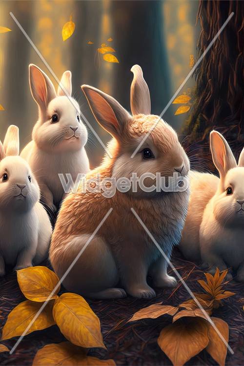 Cute Forest Bunnies Gathered Among Autumn Leaves