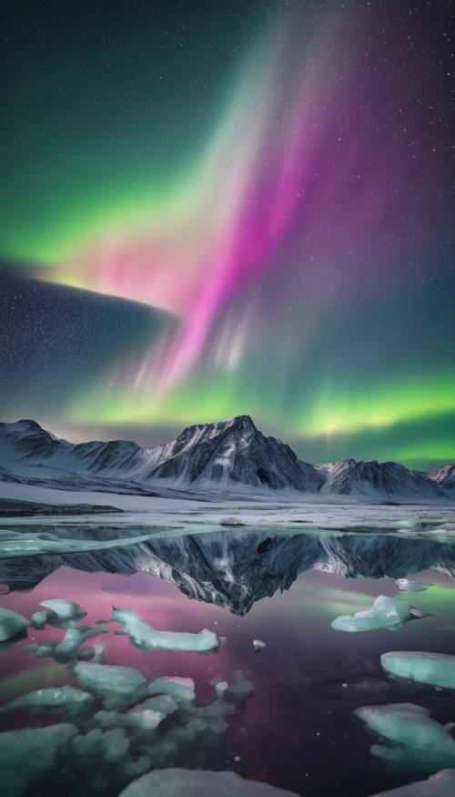绚烂的北极光在繁星点点的夜空中翩翩起舞，映衬着冰冷的苔原。