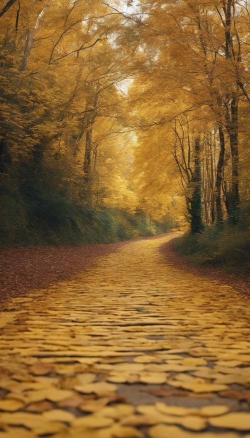Eine lange, gelbe Ziegelsteinstraße, die in einem wilden Wald verschwindet, der in herbstliche Farben gehüllt ist