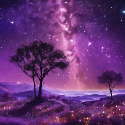 Motyw fioletowej galaktyki przedstawiający deszcz meteorytów malujący smugi światła na usianym gwiazdami płótnie.