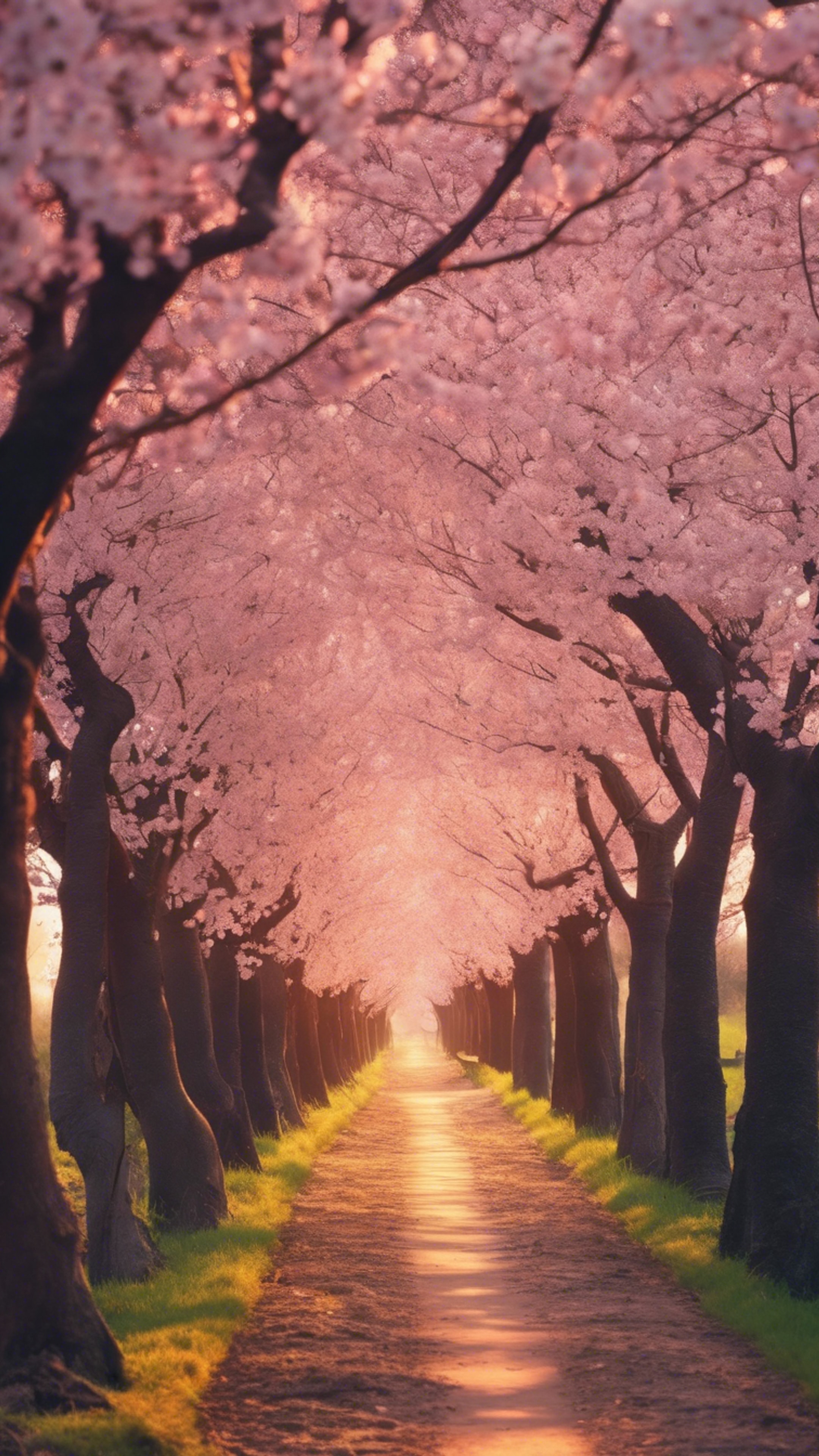 A narrow path lined with cherry blossoms under the warm glow of a magical sunset.壁紙[a188dfd7d1404974b936]