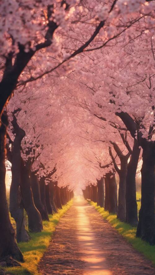 Un chemin étroit bordé de fleurs de cerisier sous la lueur chaleureuse d’un coucher de soleil magique.