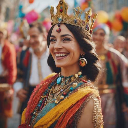 A joyful queen celebrating a festival with her people in the royal courtyard brimming with colorful decorations. Tapet [8434352c765c47d99ac7]